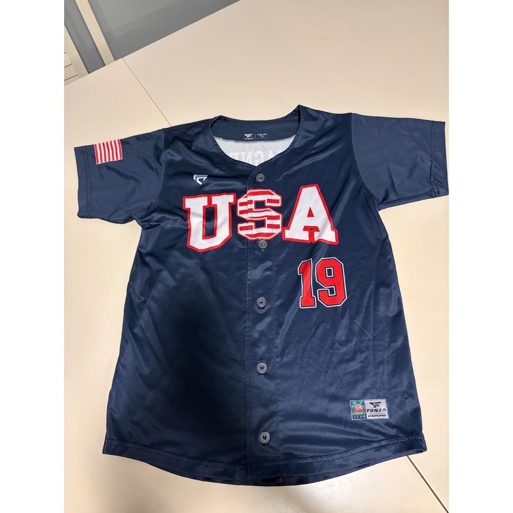 Fonza USA Baseball Jersey Kids Youth L Navy Blue Wagner 19 Cool Dry Button Up